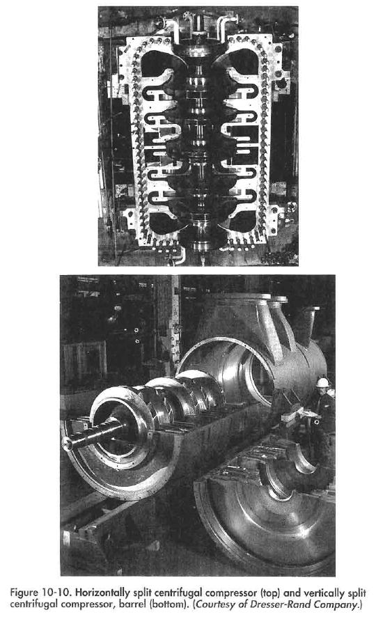 Horizontally split centrifugal compressor (top) and vertically split centrifugal compressor, barrel (bottom). {Courtesy of Dresser-Rand Company.)